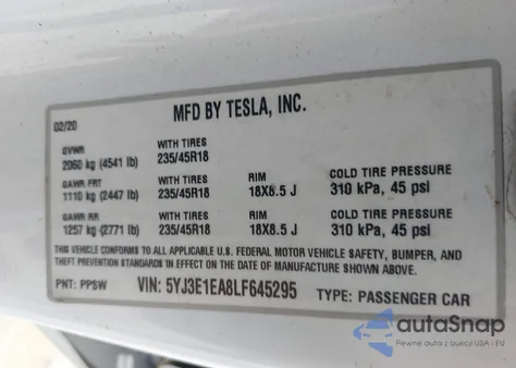 2020 Tesla Model 3 from USA, damaged, VIN 5YJ3E1EA8LF645295